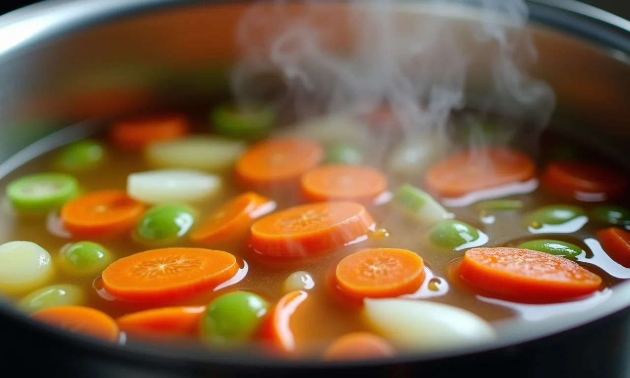Caldo de legumes caseiro fervendo em panela, com legumes frescos.
