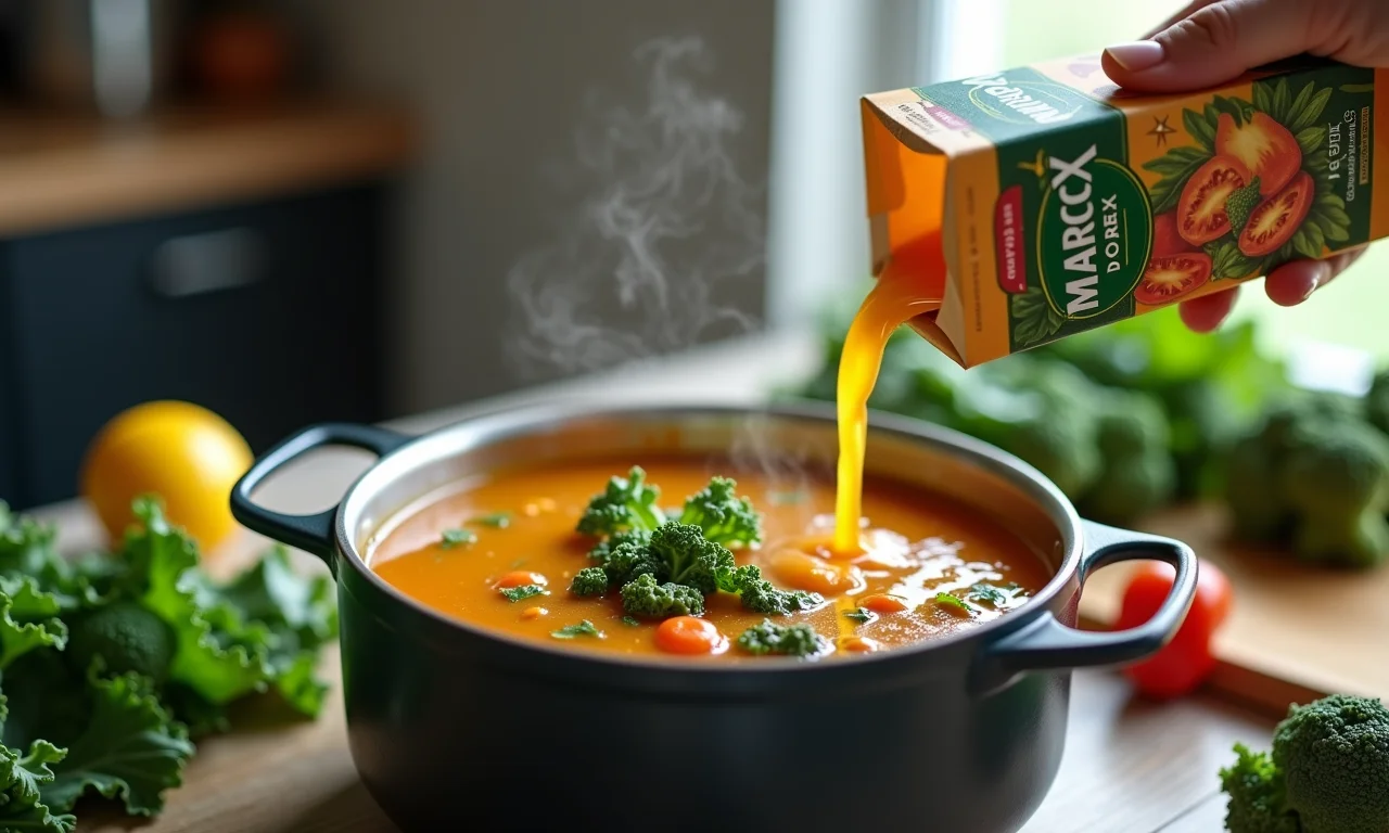 Caldo de legumes 'Marca X' sendo usado na sopa