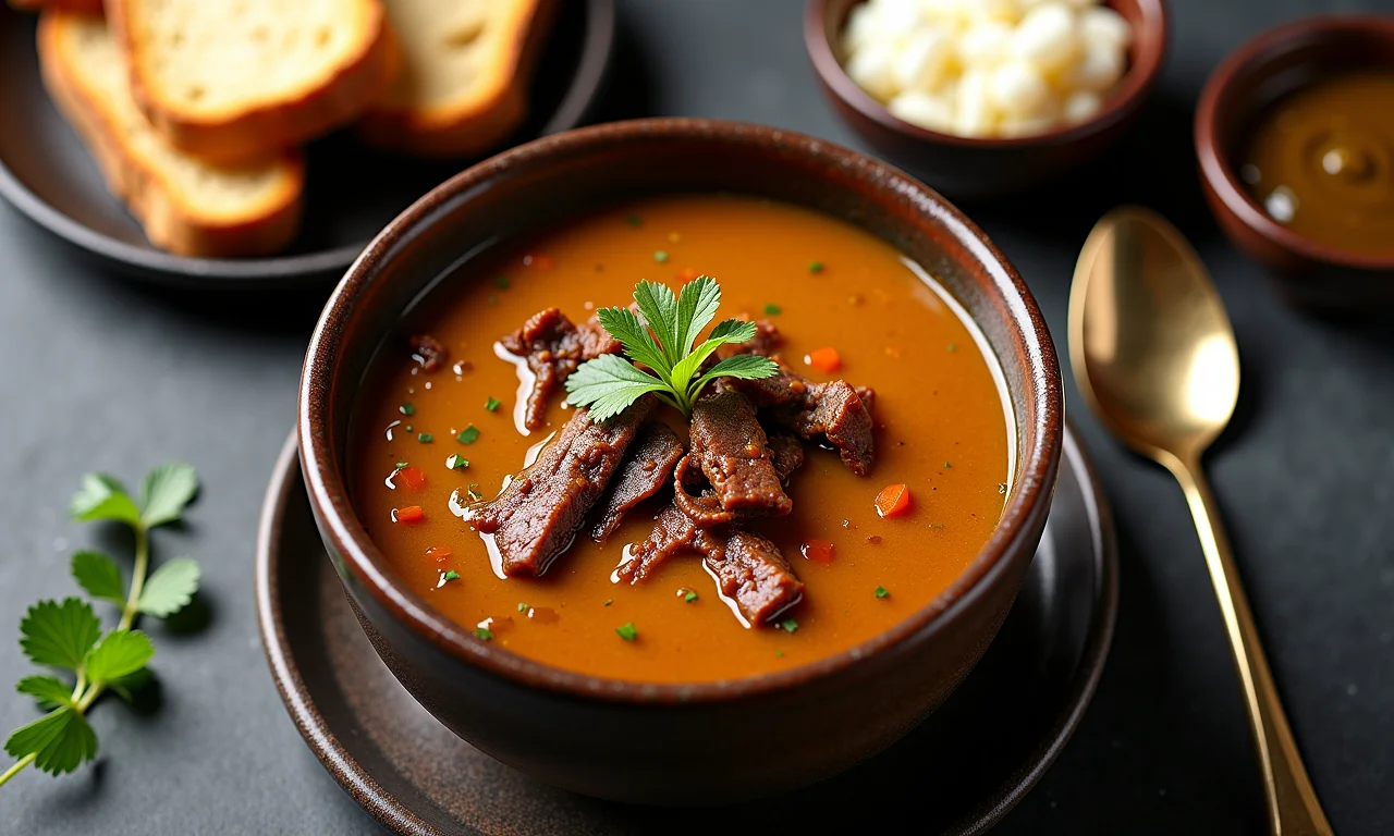Caldo de mandioquinha com acompanhamentos: pão, queijo e chimichurri.