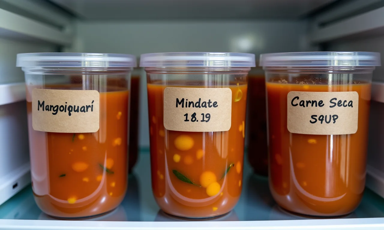 Caldo de mandioquinha com carne seca congelado em potes.