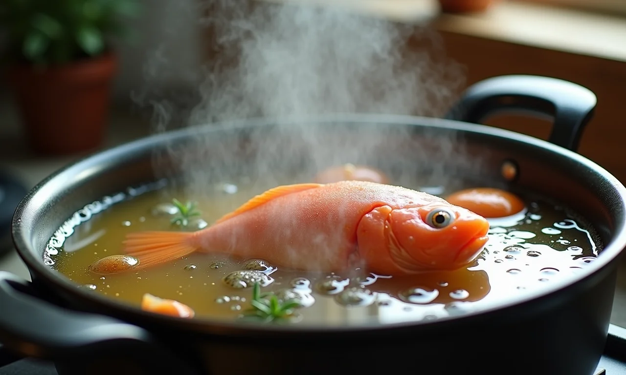 Caldo de peixe caseiro borbulhando suavemente, ervas aromáticas e o tempo de cozimento.