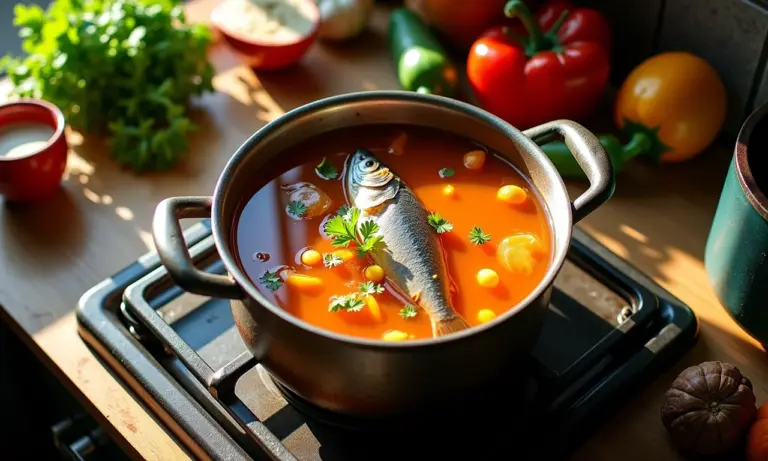 Caldo de peixe caseiro fumegante em panela rústica, ingredientes frescos ao redor.