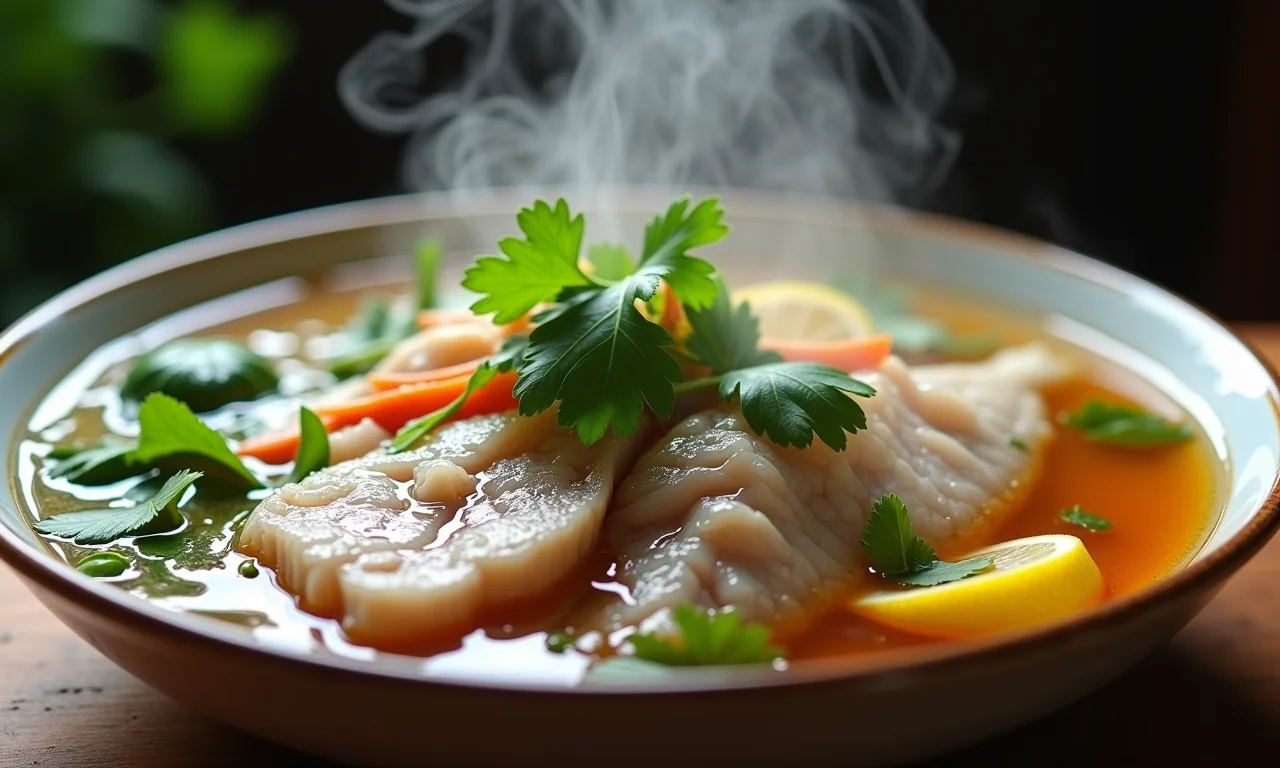 Caldo de peixe com ervas e especiarias frescas.