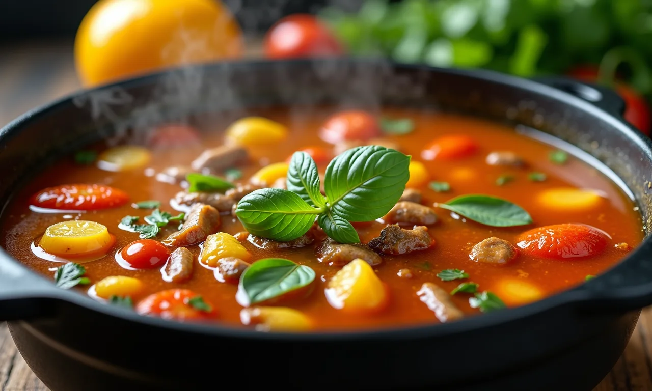 Caldo saboroso para cuscuz paulista borbulhando na panela.