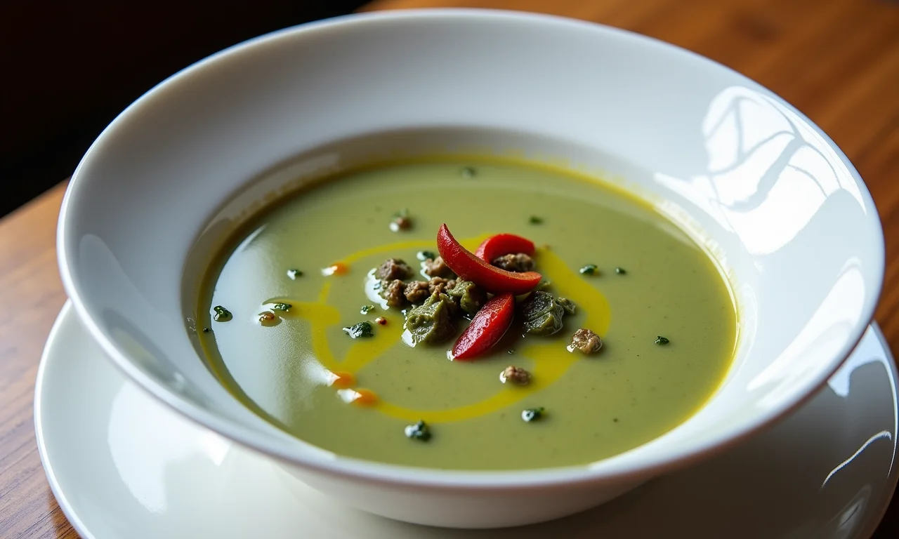 Caldo Verde cremoso servido em tigela branca com chouriço e azeite.