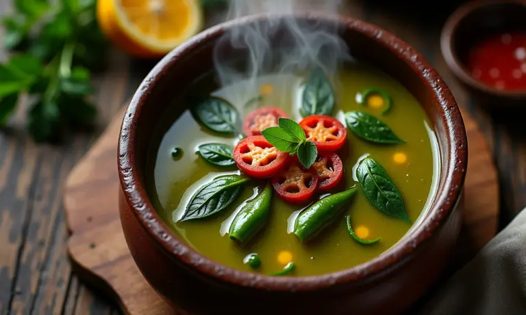 Caldo Verde fumegante em uma tigela rústica, com rodelas de chouriço e azeite.