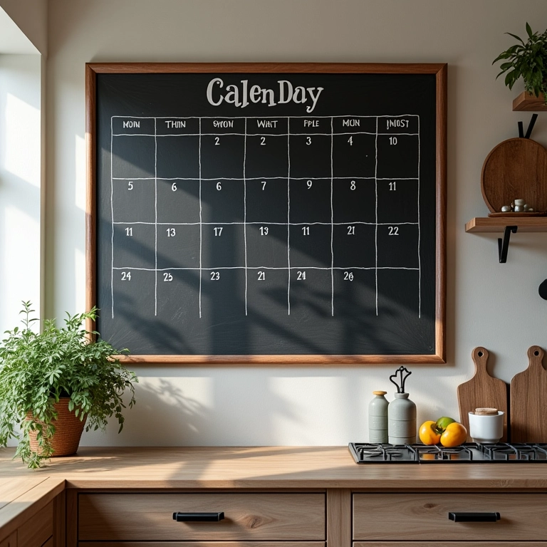 Calendário chalkboard estiloso na parede da cozinha.