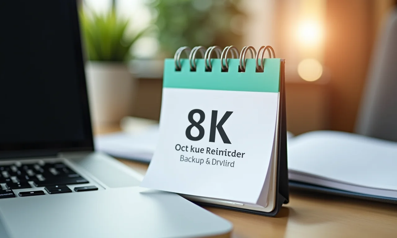 Calendário com lembrete de backup, HD externo e caderno de anotações.