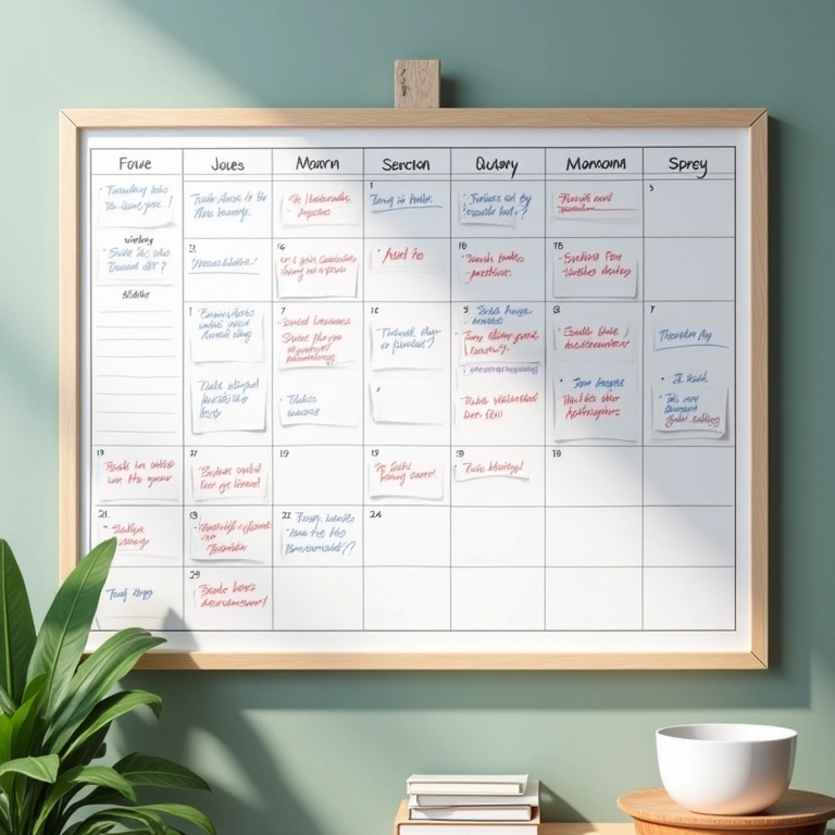 Calendário de estudos com tarefas riscadas e notas de reagendamento.