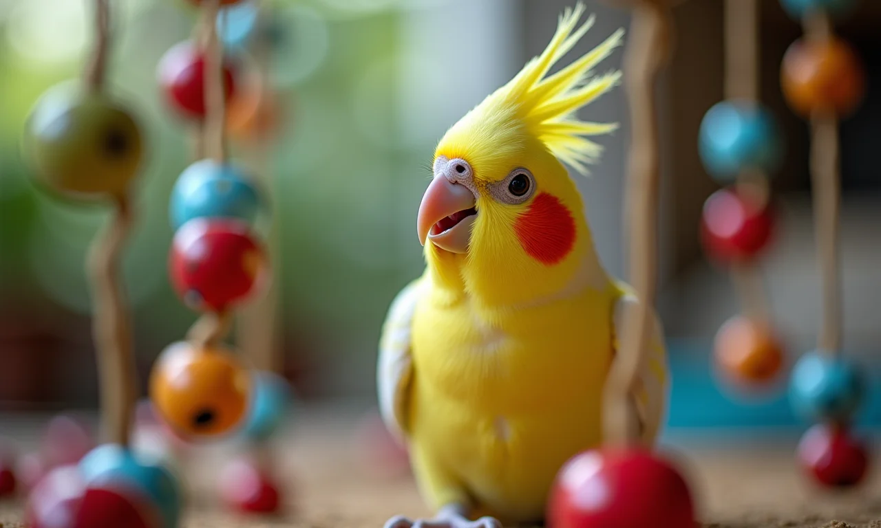 Calopsita brincando com sinos e brinquedos barulhentos.