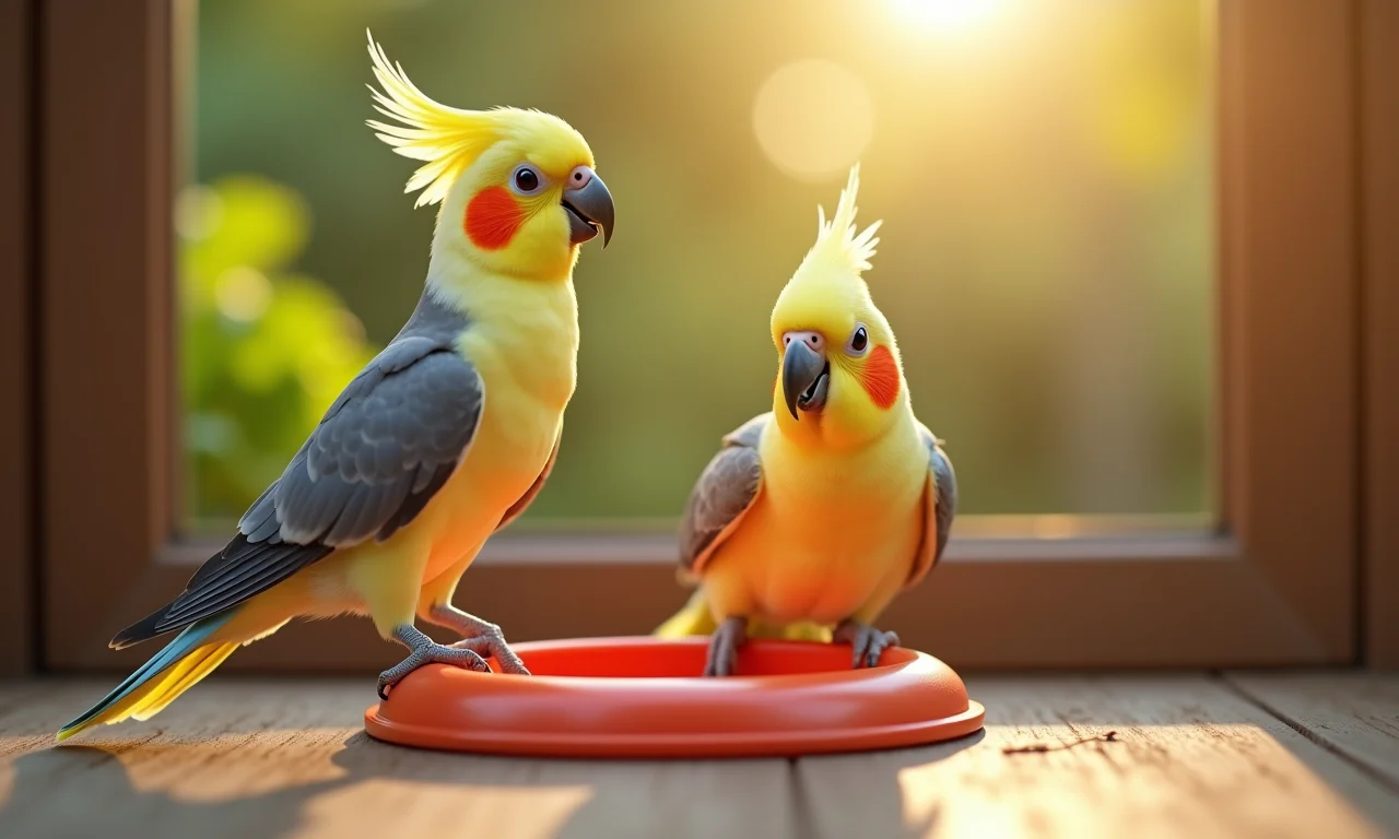 Calopsita feliz brincando em playground personalizado.