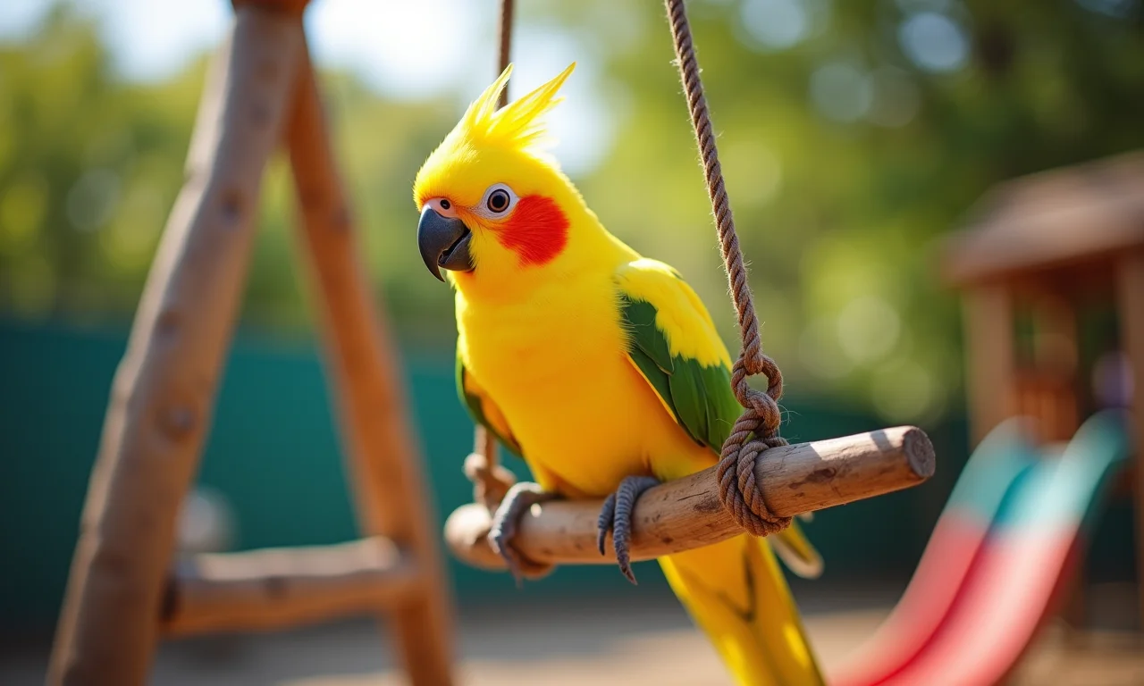Calopsita feliz em balancinho.