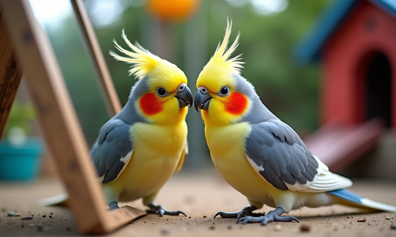 Calopsita se admirando no espelho.