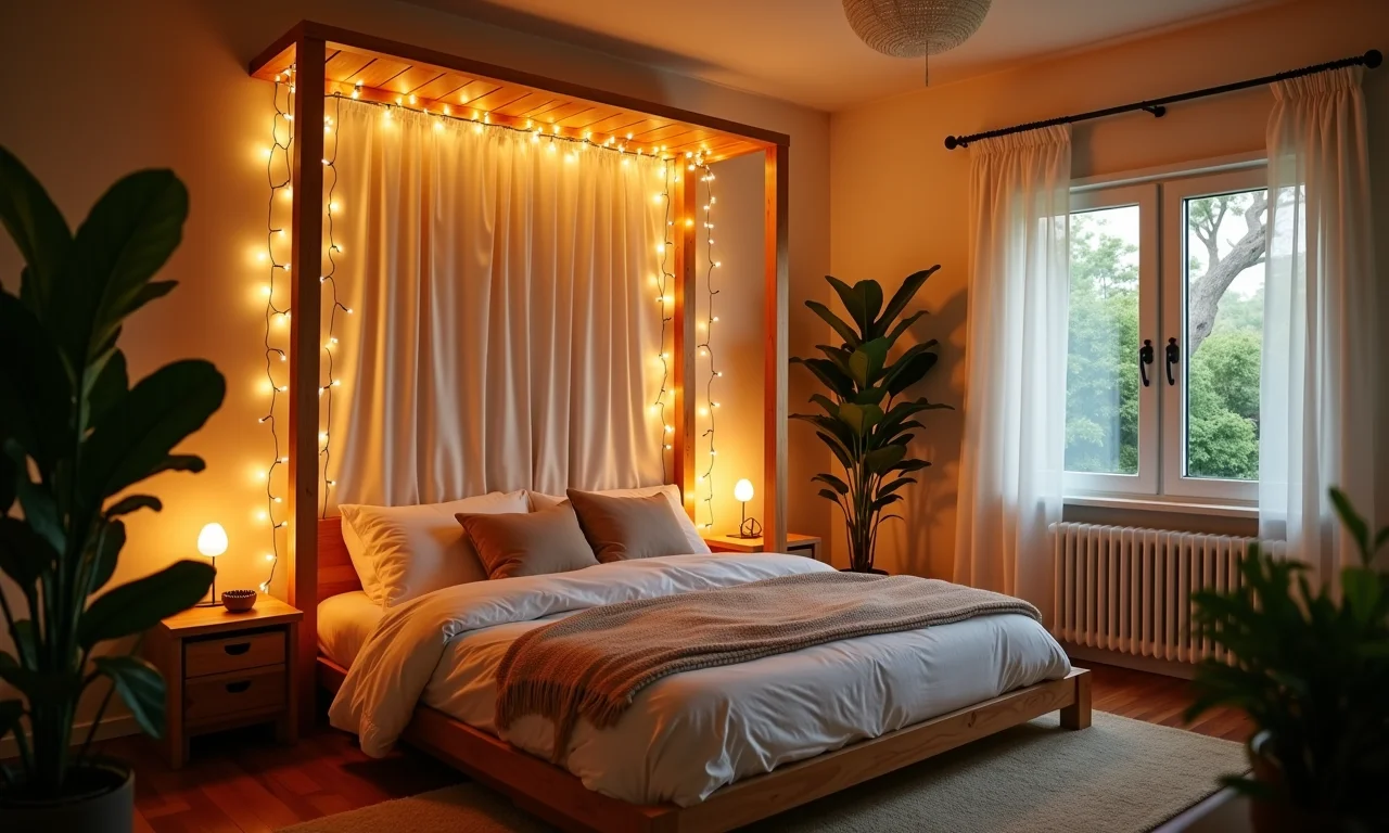 Cama de casinha transformada em um refúgio acolhedor com luzes e cortinas.