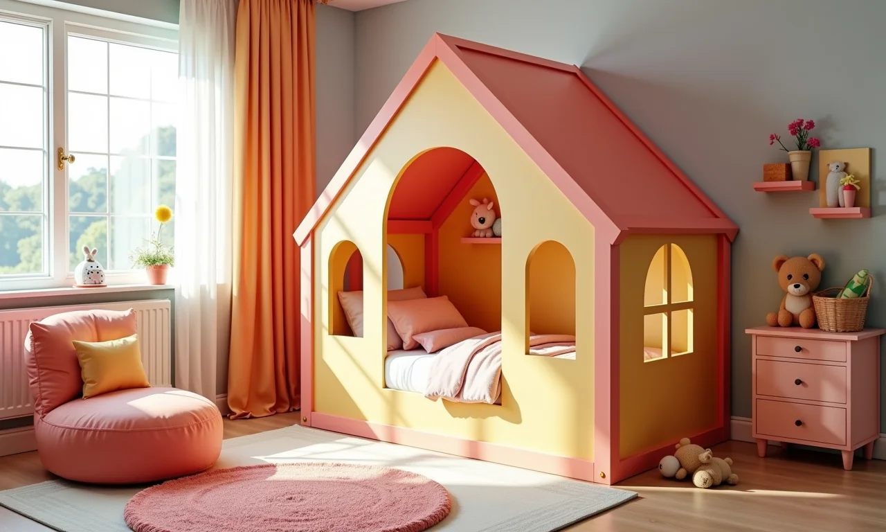 Cama em formato de casinha, criando um refúgio de aventuras.