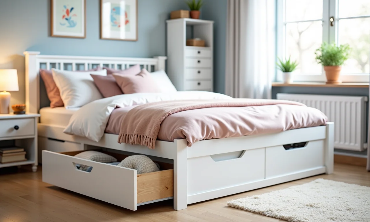 Cama infantil com gavetas embutidas para organização e praticidade.