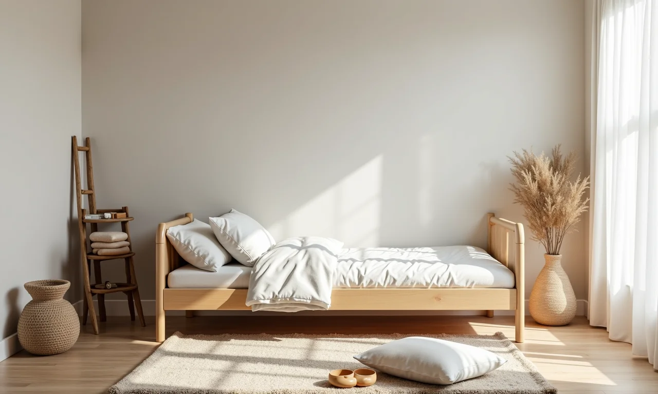 Cama montessoriana ao nível do chão, incentivando a autonomia infantil.