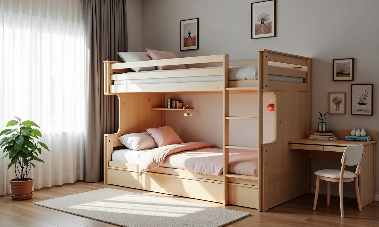 Cama multifuncional infantil combinando áreas de dormir, brincar e estudar.