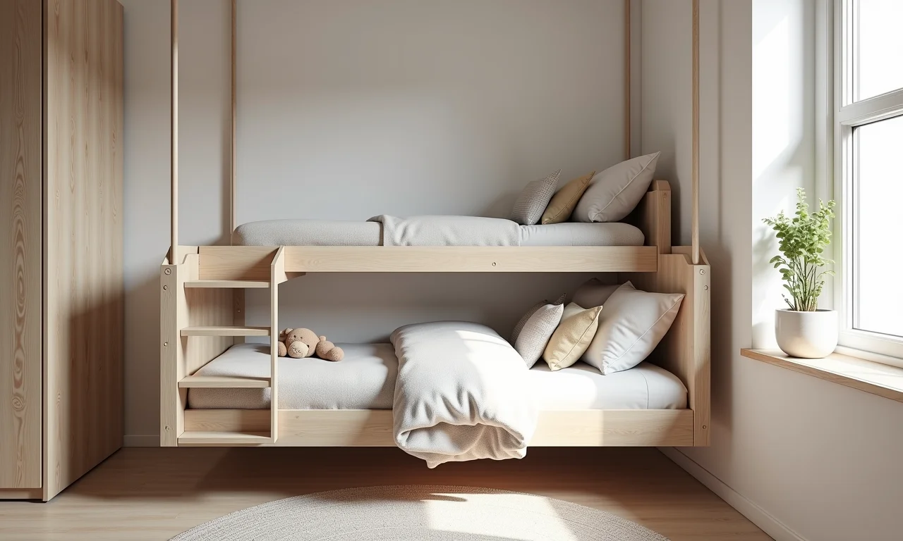 Cama suspensa infantil, otimizando o espaço em um quarto pequeno.