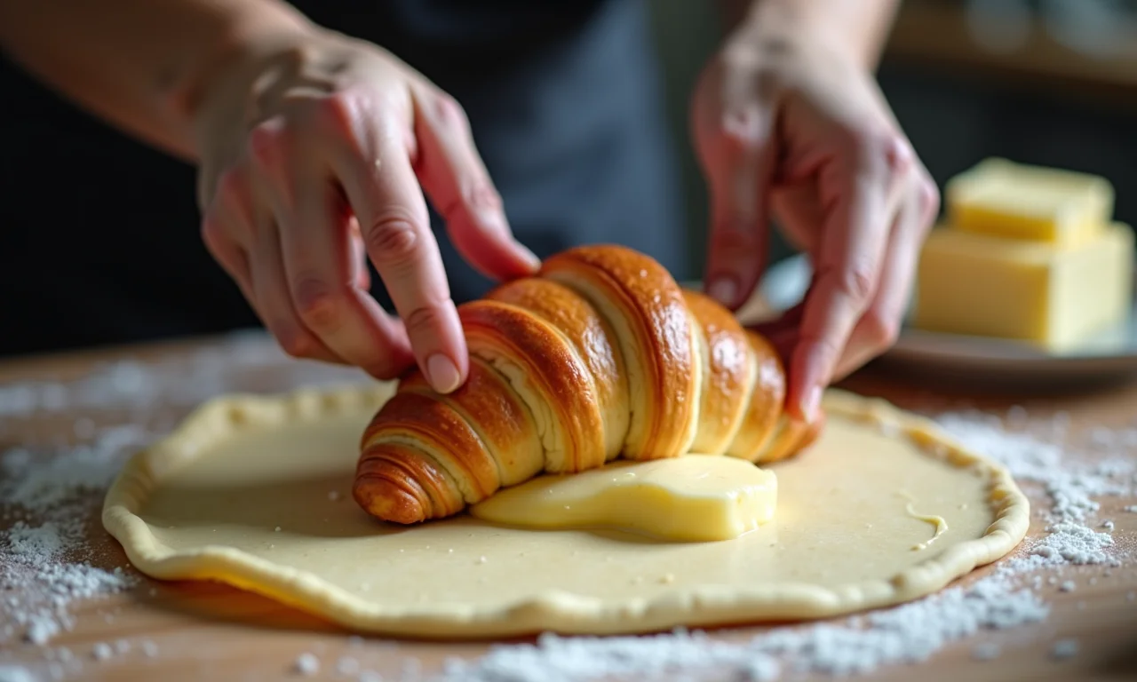 Camadas de massa e manteiga para a massa folhada do croissant.