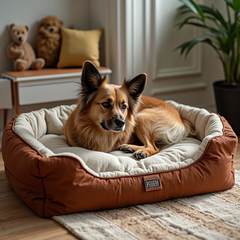 Caminha de cachorro artesanal com detalhes personalizados, almofadas e brinquedos.