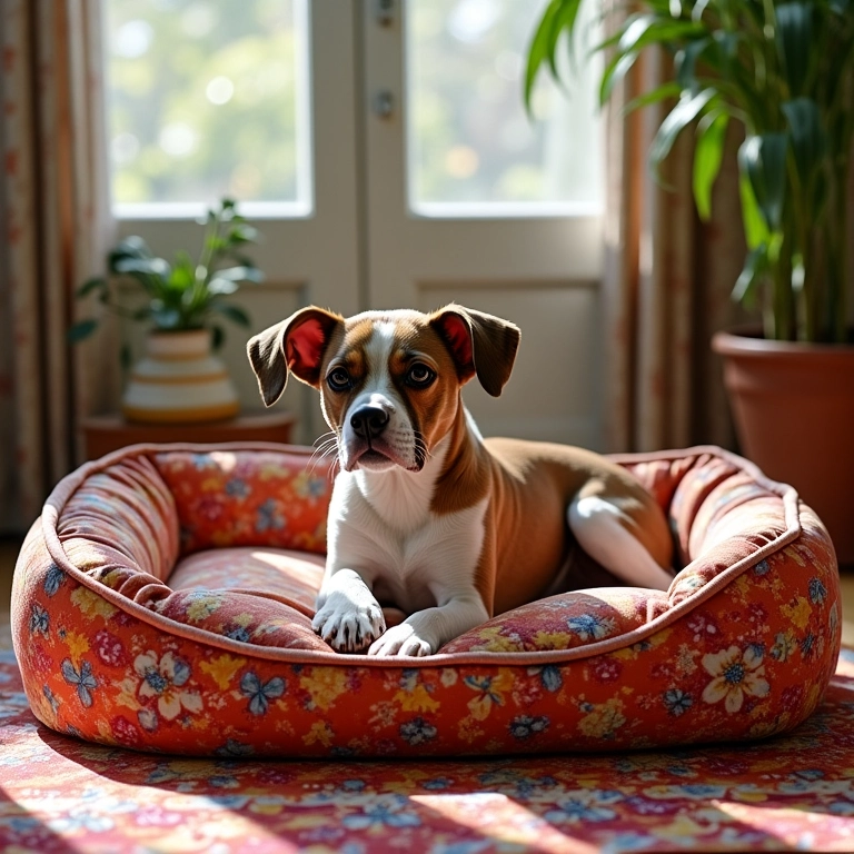 Caminha de cachorro decorada com tecidos coloridos e elementos decorativos.