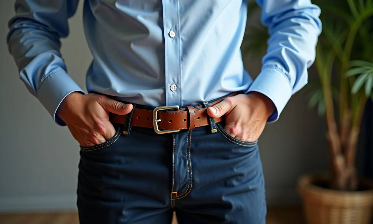 Camisa perfeitamente passada, cinto bem escolhido e sapatos lustrados, mostrando atenção aos detalhes.