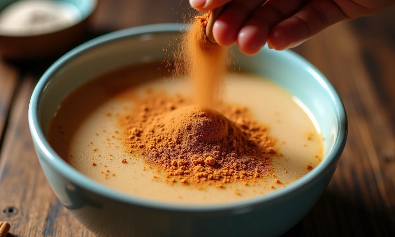 Canela em pó sendo polvilhada sobre o curau.