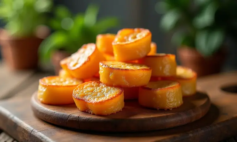Canelés de Bordeaux com casca caramelizada em tábua de madeira rústica.