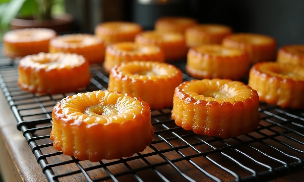 Canelés dourados esfriando em uma grade.