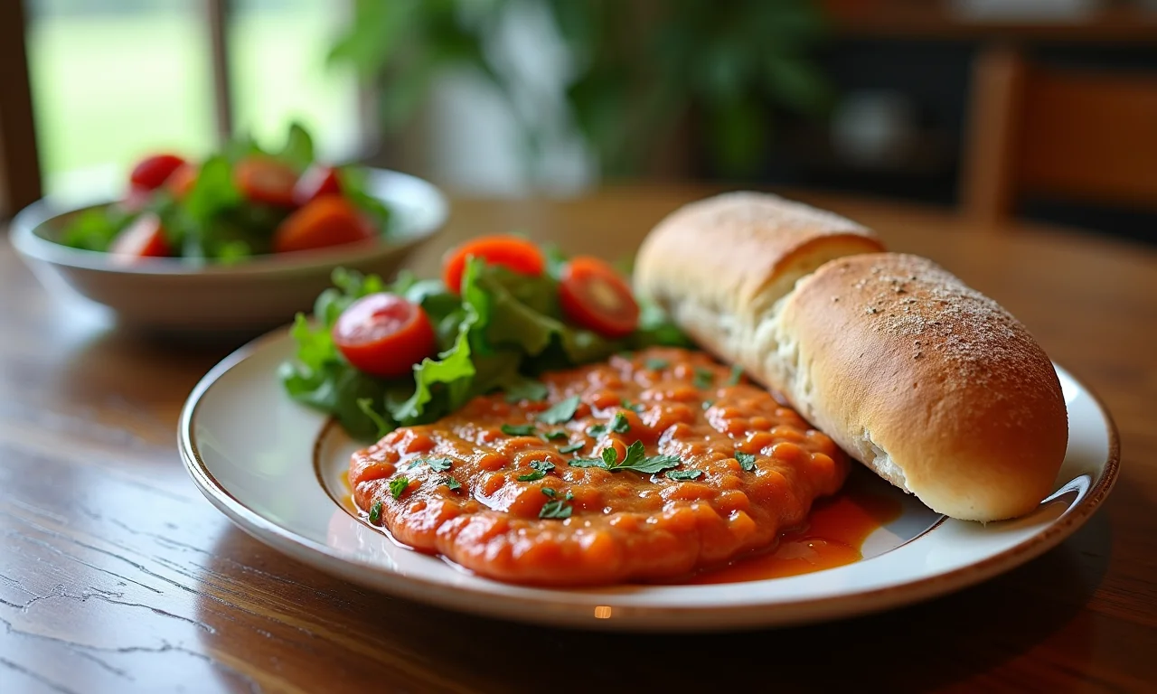 Canja servida com pães e salada, uma refeição completa e reconfortante.