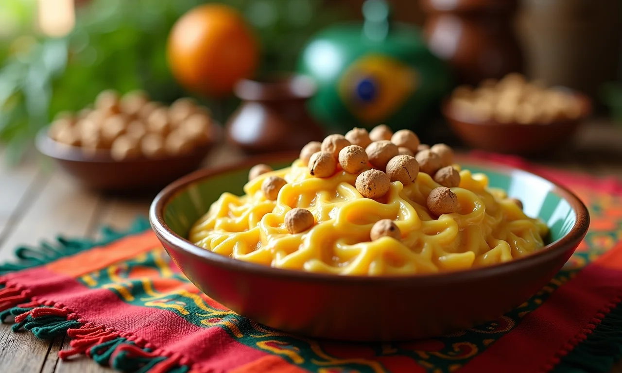 Canjica cremosa com amendoim e decoração festiva.