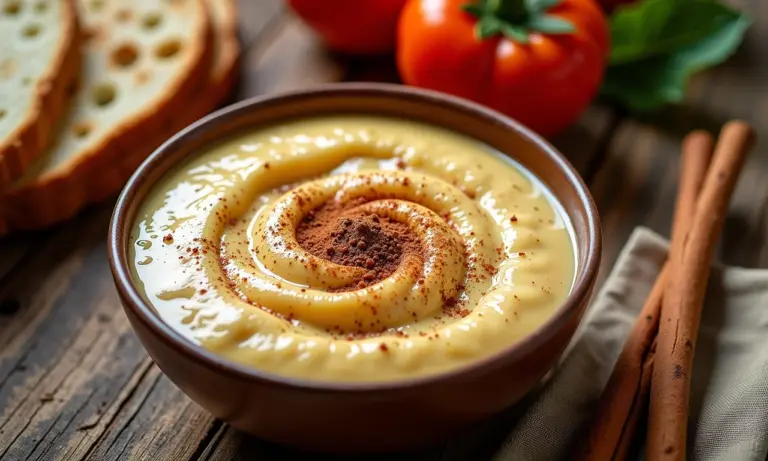 Canjica cremosa tradicional em mesa de festa junina.