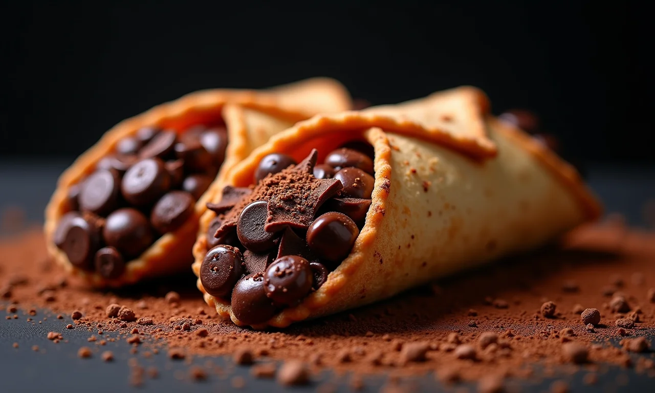 Cannoli de chocolate com raspas e cacau em fundo escuro.
