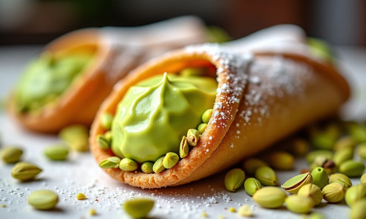Cannoli de pistache com recheio verde vibrante em confeitaria italiana.