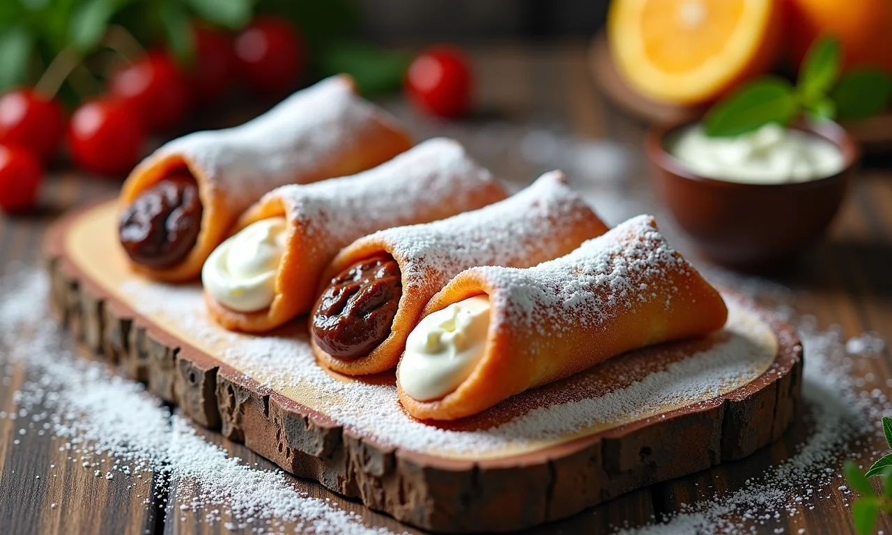 Cannoli sicilianos polvilhados com açúcar em tábua de madeira rústica.