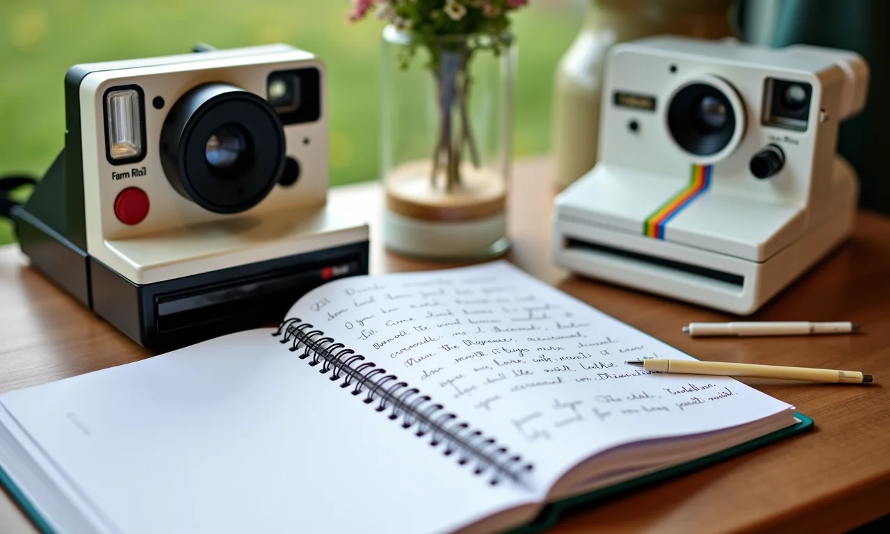 Cantinho de mensagens com livro de visitas e fotos polaroid.