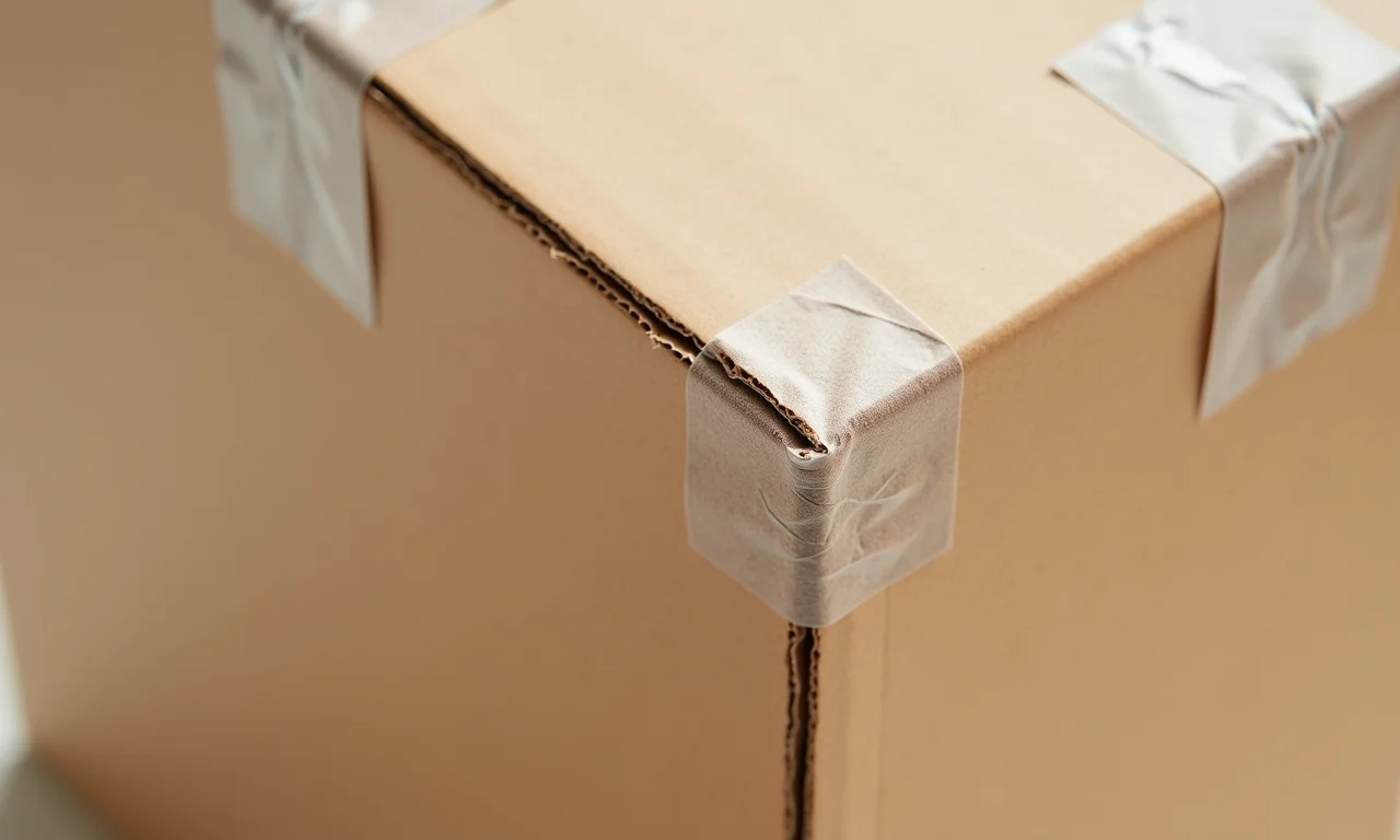 Cantos reforçados de caixa de papelão com fita e cola.