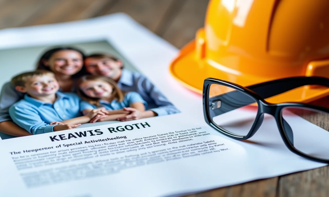 Capacete e óculos de segurança ao lado de documentos de aposentadoria e foto de família.