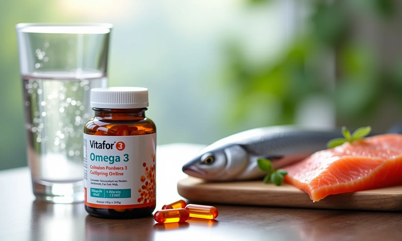 Cápsulas de Ômega 3 Vitafor ao lado de peixe fresco.