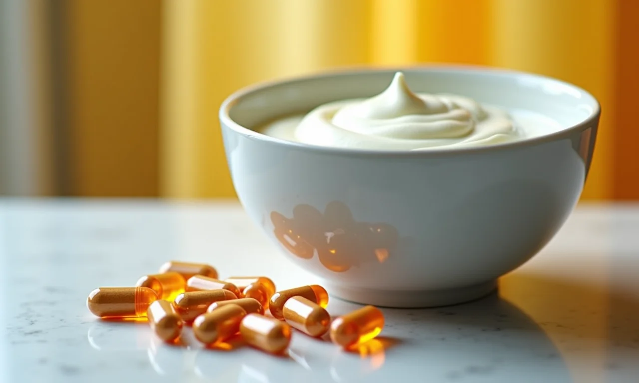 Cápsulas de probióticos e iogurte natural, representando os guardiões da flora intestinal.