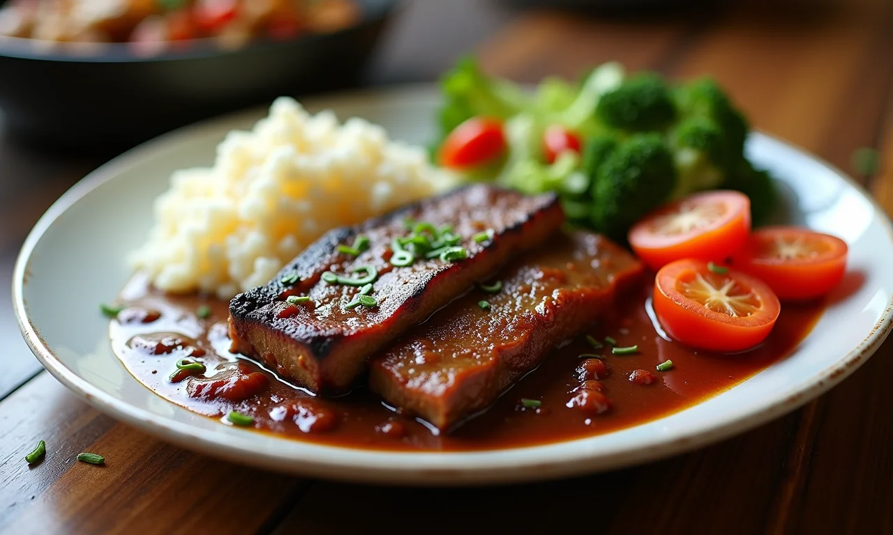 Carne de panela servida com acompanhamentos.