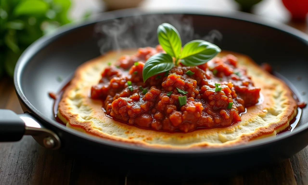 Carne moída à bolonhesa borbulhando em uma panela.