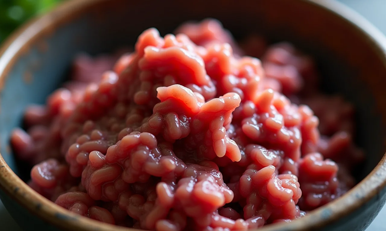 Carne moída congelada descongelando em tigela.