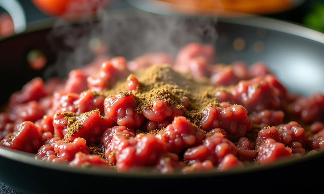Carne moída sendo temperada, exalando aromas deliciosos.
