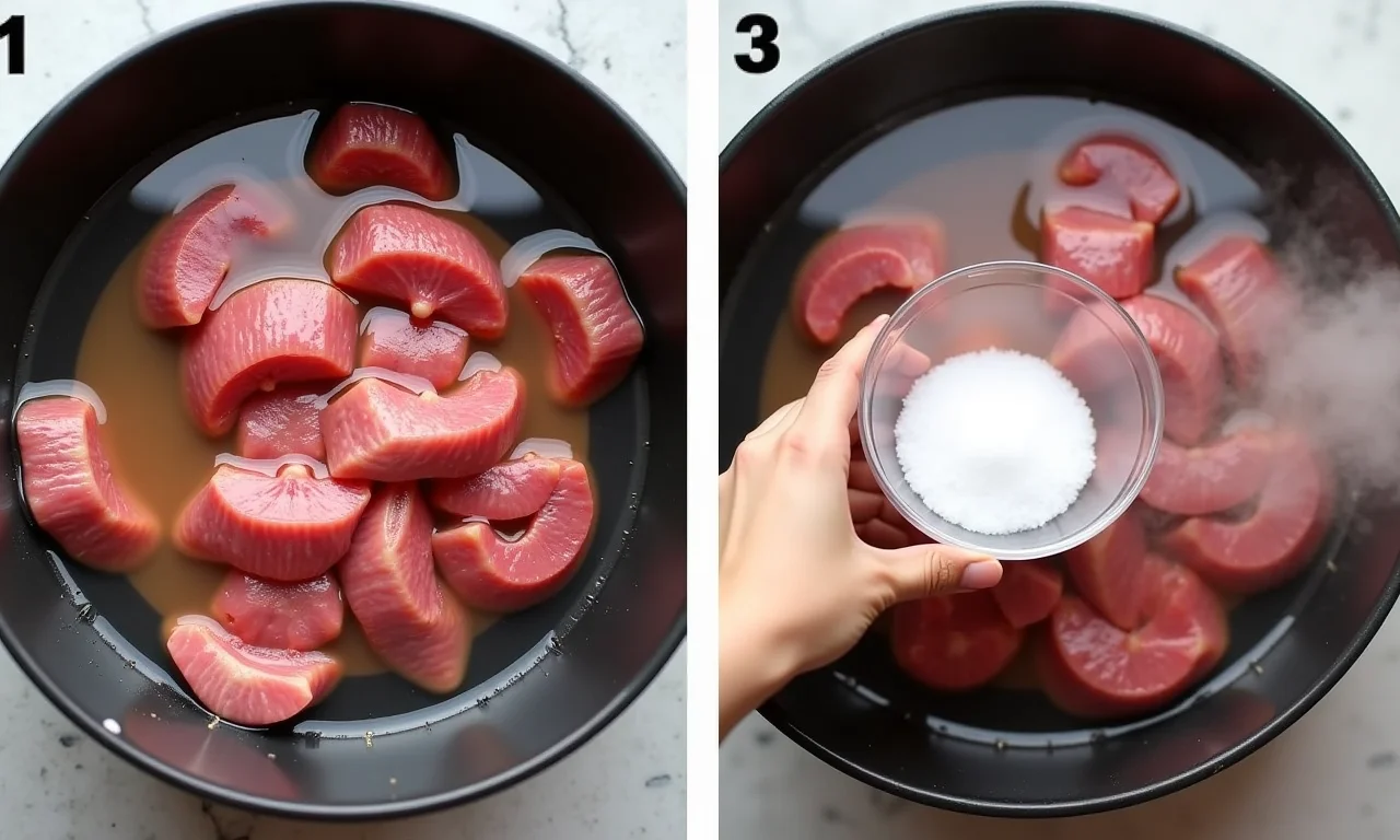 Carne seca dessalgando em água limpa.
