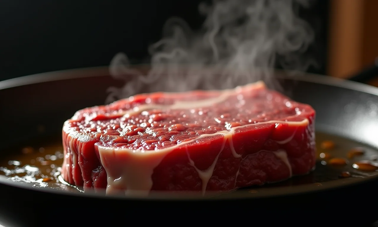 Carne selando em uma panela quente.