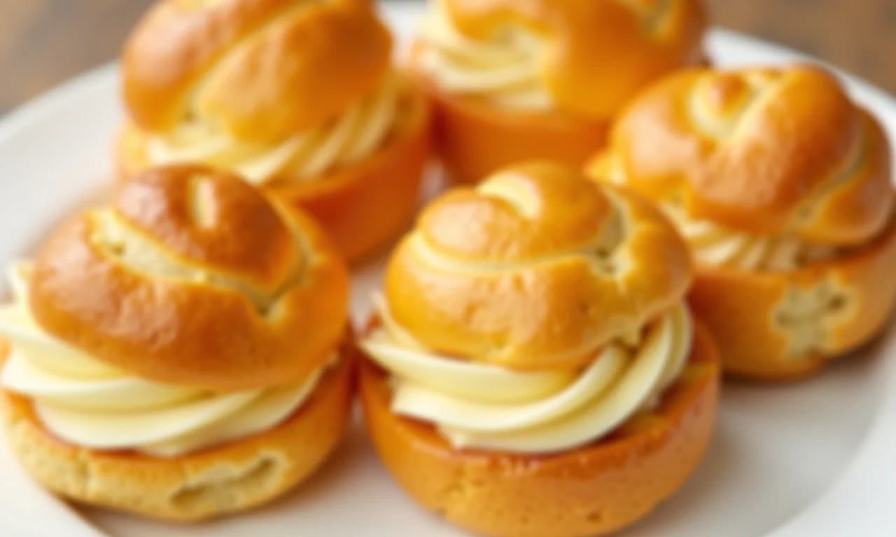 Carolinas recheadas, pequenos doces que compõem a Torta Saint Honoré.