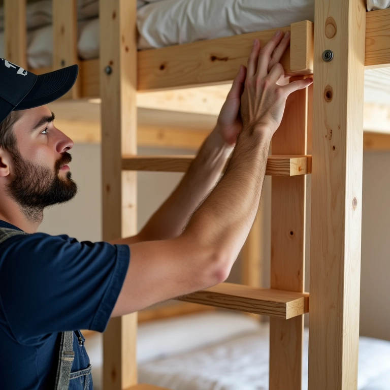 Carpinteiro construindo a escada de madeira do beliche.