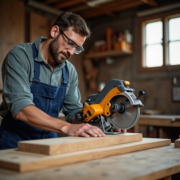 Carpinteiro cortando uma tábua de madeira com serra circular.